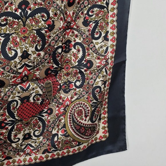 Vintage Silk Scarf Square  Black Tan Paisley 31" Square Twill Hand Rolled - Picture 9 of 11